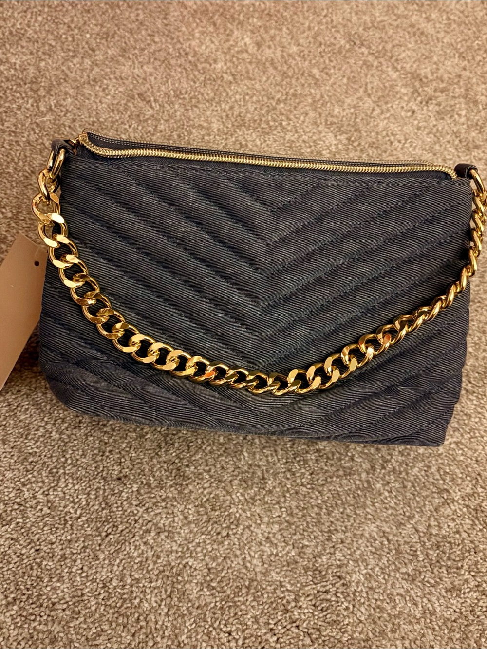 Quilted Dark Chambray Denim Gold Chain-Accent Shoulder Bag